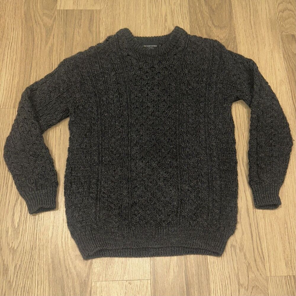 Rue Saint Patrick Ireland Wool Cableknit Dark Gray Sweater Chunky Mens Medium